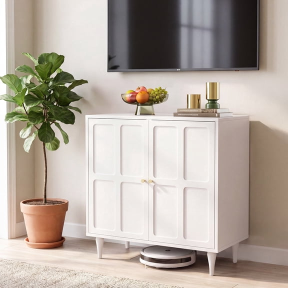 Homhum Wood Sideboard Buffet Cabinet with 2 Doors, Fluted Storage Cabinet, White