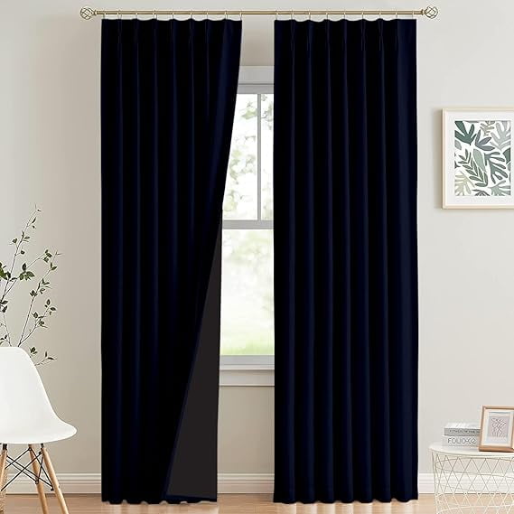 Homi Drapes 100% Blackout Curtain Triple Pinch Pleat Thermal Insulated Room Darkening Spill Proof Machine Washable Window Treatment Hevy Weighted Memory Shaped Panels (1 Panel, 42x84, Navy Blue)