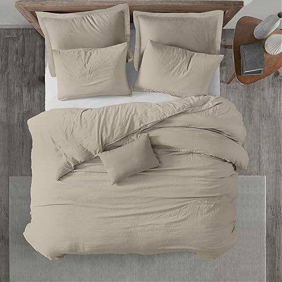 Homi Drapes 100% Egyptian Cotton 3 Piece Duvet Cover Set - Breathable All Season Comforter Cover with Zipper Closure & Corner Ties Sateen Weave (Beige, Twin)