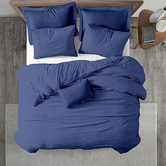 Homi Drapes 100% Egyptian Cotton 3 Piece Duvet Cover Set - Breathable All Season Comforter Cover with Zipper Closure & Corner Ties Sateen Weave (Blue Denim, Queen)
