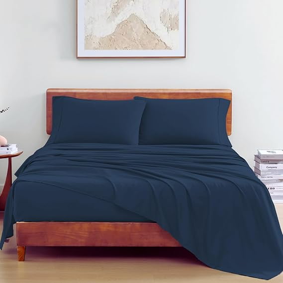 Homi Drapes 3 Piece 100% Egyptain Cotton Flat Sheets Soft Brushed Microfiber Fabric Shrinkage & Fade Resistant Top Sheet (Navy Blue, California King)