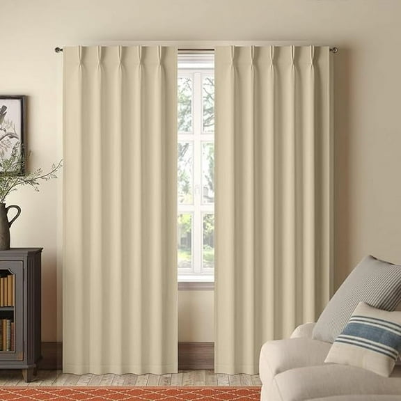 Homi Drapes Double Pinch Pleated Blackout Curtains Thermal Insulated Room Darkening Drapes for Bedroom/Livingroom Along with 2 Panels,Tiebacks,Hooks (Beige, 30"x84")