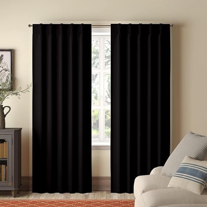 Homi Drapes Double Pinch Pleated Blackout Curtains Thermal Insulated Room Darkening Drapes for Bedroom/Livingroom Along with 2 Panels,Tiebacks,Hooks (Black, 52"x108")