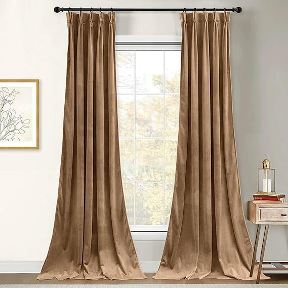 Homi Drapes Double Pinch Pleated Velvet Curtains Thermal Insulated Room Darkening Drapes for Bedroom/Livingroom Along with 1 Panels,Tiebacks,Hooks (Golden, 52"x108")