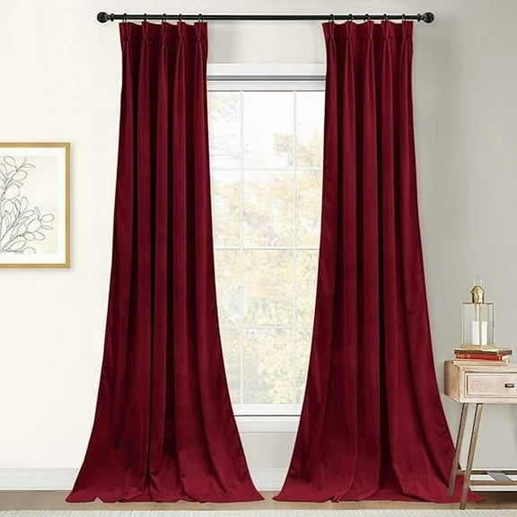 Homi Drapes Double Pinch Pleated Velvet Curtains Thermal Insulated Room Darkening Drapes for Bedroom/Livingroom Along with 1 Panels,Tiebacks,Hooks (Maroon, 52"x120")