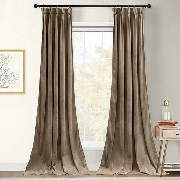Homi Drapes Double Pinch Pleated Velvet Curtains Thermal Insulated Room Darkening Drapes for Bedroom/Livingroom Along with 1 Panels,Tiebacks,Hooks (Taupe, 52"x84")