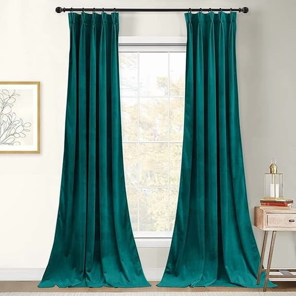 Homi Drapes Double Pinch Pleated Velvet Curtains Thermal Insulated Room Darkening Drapes for Bedroom/Livingroom Along with 1 Panels,Tiebacks,Hooks (Teal, 52"x95")