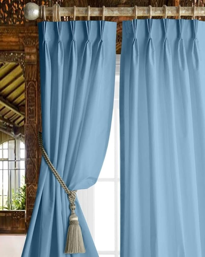 Homi Drapes Triple Pinch Pleated Blackout Curtains Thermal Insulated Room Darkening Drapes for Bedroom/Livingroom Along with 2 Panels,Tiebacks,Hooks (Aqua Blue, 52"x63")