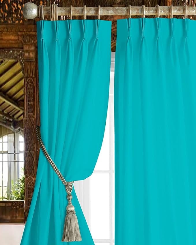 Homi Drapes Triple Pinch Pleated Blackout Curtains Thermal Insulated Room Darkening Drapes for Bedroom/Livingroom Along with 2 Panels,Tiebacks,Hooks (Aquamarine Blue, 40"x120")