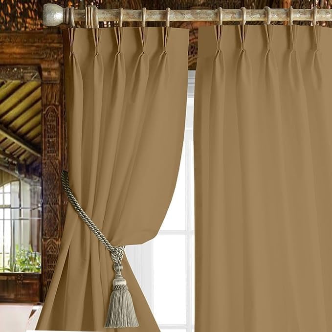 Homi Drapes Triple Pinch Pleated Blackout Curtains Thermal Insulated Room Darkening Drapes for Bedroom/Livingroom Along with 2 Panels,Tiebacks,Hooks (Barley Corn, 52"x63")