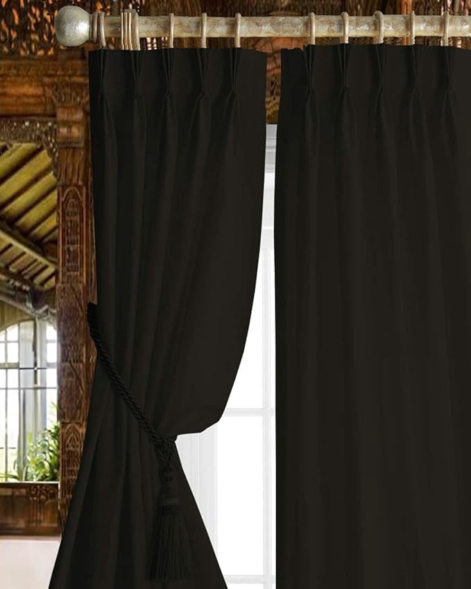 Homi Drapes Triple Pinch Pleated Blackout Curtains Thermal Insulated Room Darkening Drapes for Bedroom/Livingroom Along with 2 Panels,Tiebacks,Hooks (Black, 30"x63")