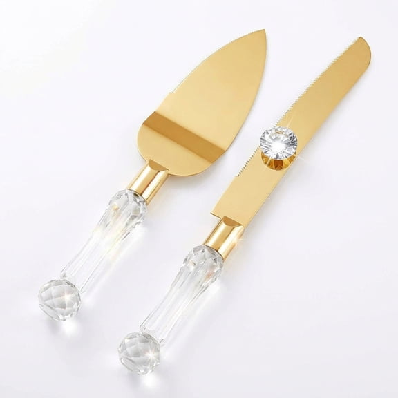 Homi Styles Wedding Cake Knife and Server Set | Plastic Faux Crystal Handles & 420 Stainless Steel Titanium Gold Plated Blades
