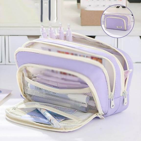 HomiTools Big Capacity Pencil Case 3 Compartments Pencil Pouch Pen Bag Simple Storage Stationery Cosmetics Large pencil organizers Multi-compartment stationery Adult cosmetic pouches Purple