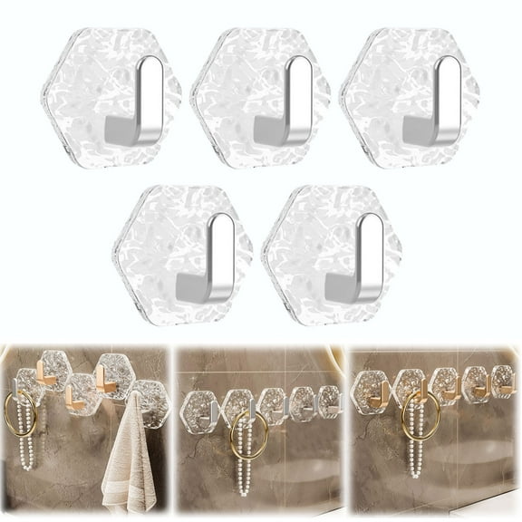 HomiTools Wall Mount Hooks Hexagon Adhesive Hooks With Water Design No Drill Wall Hanging Storage Rack Damage Sticky Hooks 5pc No-Drill Wall Hooks Bathroom Towel Organizers Silver