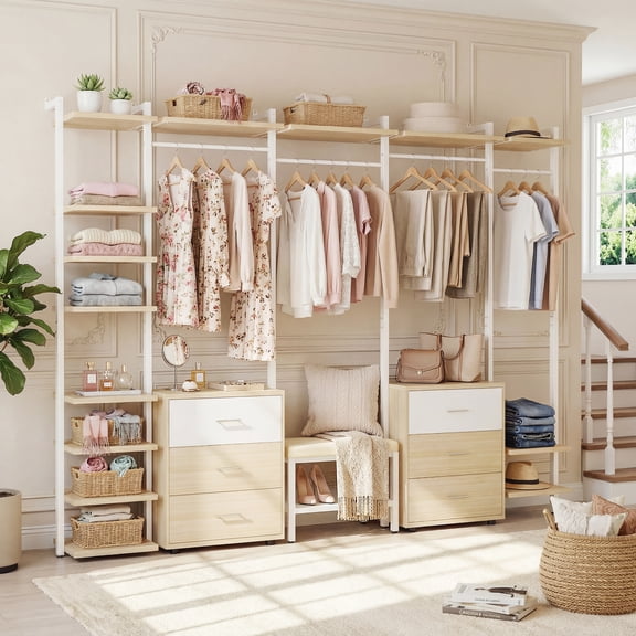 Homieasy 96'' Closet System, Heavy Duty Closet Organizer with 6 Wood Drawers, Walk in Clothes Rack with 14 Shelves for Checkroom, Bedroom, 95.8" L x 15.6" W x 69.5" H, Max Load 1200 lbs, White