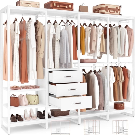 Homieasy Wood Clothes Rack Wardrobe Closets for Hanging Clothes Heavy Duty Garment Rack, Large Corner L Shaped Closet System Organizer Walk-in Closet for Bedroom with 3 Wood Drawers, White