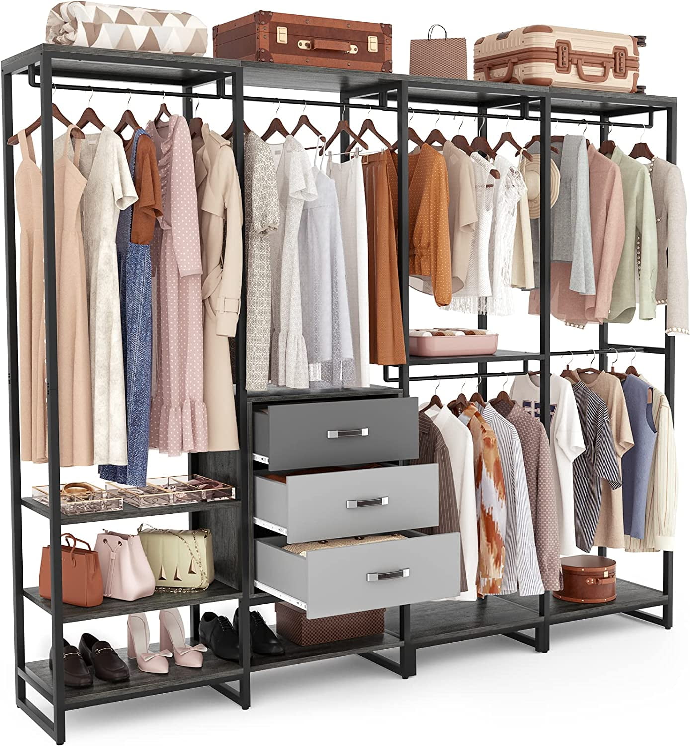  Homykic Large Bamboo Closet System Clothes Rack, Freestanding  Garment Rakc with 5 Hanging Rods, 7 Open Shelves, 70”W x 77”H x 18 D,  Lightweight, Easy Assembly, Espresso : Home & Kitchen