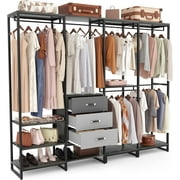 Homieaay Large Closet System, Heavy Duty Clothes Rack with 3 Wood Drawers, Walk in Closet Organizer with 11 Shelves for Checkroom, Bedroom, 74" L x 17.5" W x 83.5" H, Max Load 1000 lbs, Black Oak
