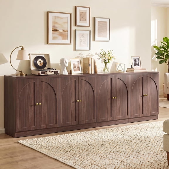 Homieasy 10.5FT Modern Sideboard Cabinet 4 Piece Set, Modern Arched Door Buffet Cabinet for Dining/Kitchen, Walnut