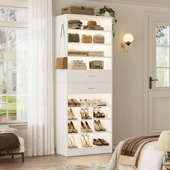 Homieasy 10-Tier Shoe Cabinet with 2 Drawers, 65cm Width Freestanding Closet Organizer with Adjustable Storage Shelves & Side Hooks –for Entryway, Bedroom, Living Room,White