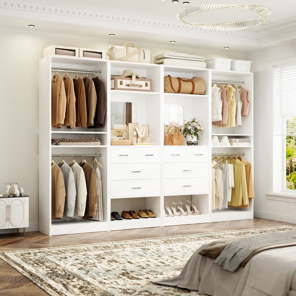 Homieasy 100 Inch(8.4ft) Walk-In Closet System with 8 Drawers and 4 Hanging Rods, Freestanding Closet Organizer System for Bedroom, Closet, Apartment, 4-Piece Set, White