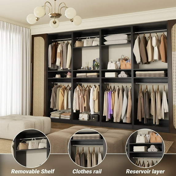 Homieasy 100 Inch Closet System, Freestanding Closet Organizer Wardrobe with 8 Hanging Rods and 17 Shelves, Adjustable Clothes Garment Rack, Sturdy Walk in Closet Tower, Set of 4, Black