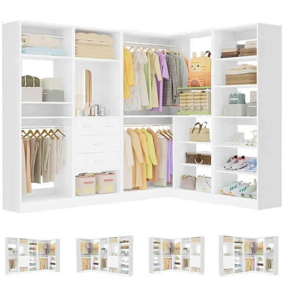 Homieasy 110'' Closet System with 4 Sets, Frestanding Walk-in Closet Organizer Tower with 4 Drawers & Hanging Rods, Reversible L Shaped Wardrobe Closet with Corner, 3000 LBS Max Load, White