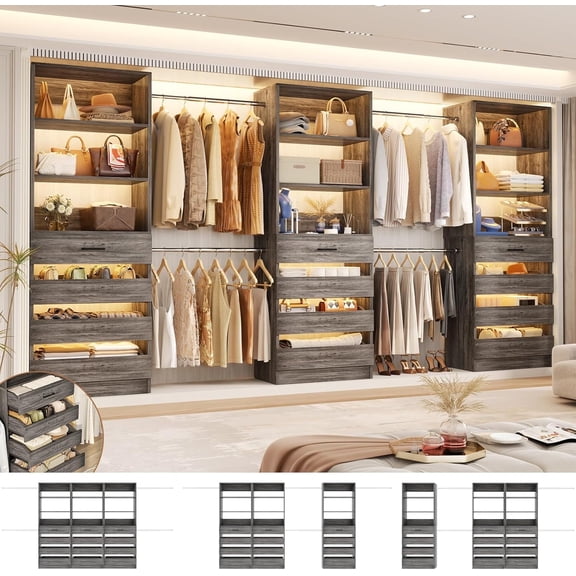 Homieasy 12-Drawer Customizable L-Shaped Closet System ,8.5-11.5 Ft with 4 Hanging Rods & 3 Tower,Gray Oak