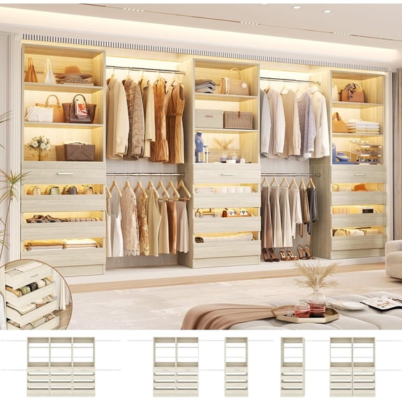 Homieasy 12-Drawer Customizable L-Shaped Closet System ,8.5-11.5 Ft with 4 Hanging Rods & 3 Tower,White Oak