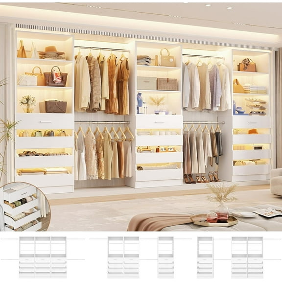 Homieasy 12-Drawer Customizable L-Shaped Closet System ,8.5-11.5 Ft with 4 Hanging Rods & 3 Tower,White