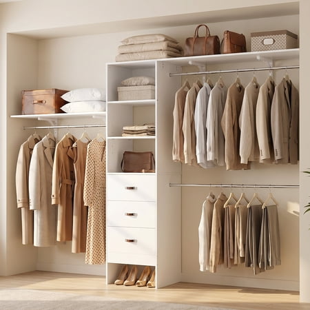 Homieasy 20.2 - 120 '' W Closet System with Wooden Drawers and Hanging Rods(cut To Fit), White