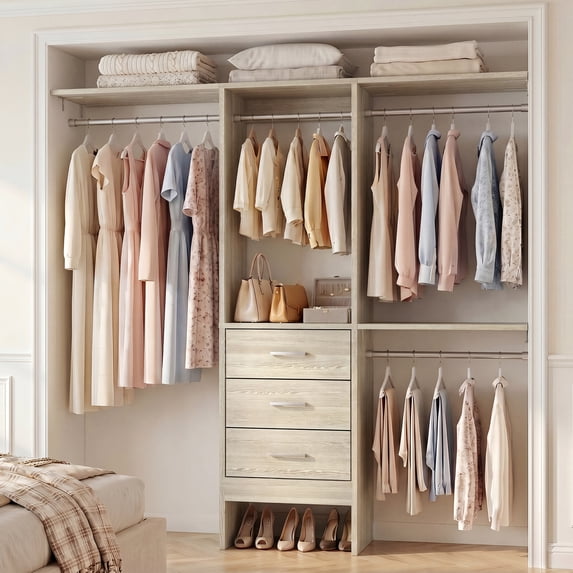 Homieasy 14.8'' - 48'' W Closet System with Drawers and Hanging Rods(Cut to Fit), White Oak