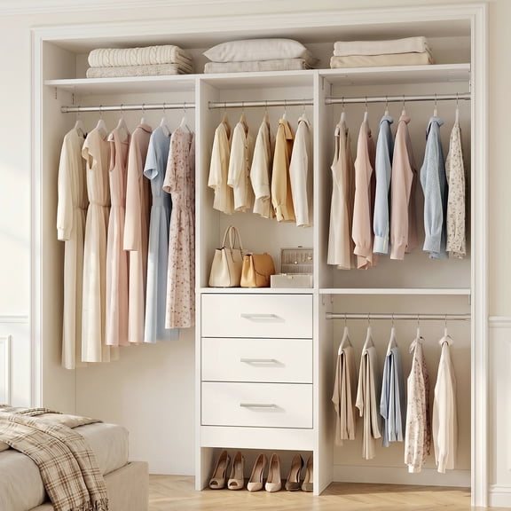 Homieasy 14.8'' - 48'' W Closet System with Drawers and Hanging Rods(Cut to Fit), White