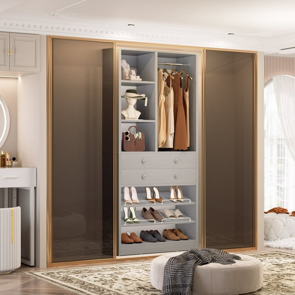 Homieasy 28-Inch Closet Organizer Tower – Free Standing Wardrobe Storage Unit with Drawers and Shelves, Closets System for Small Spaces,Gray