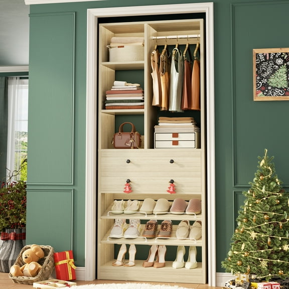 Homieasy 28-Inch Closet Organizer Tower – Free Standing Wardrobe Storage Unit with Drawers and Shelves, Closets System for Small Spaces,White Oak