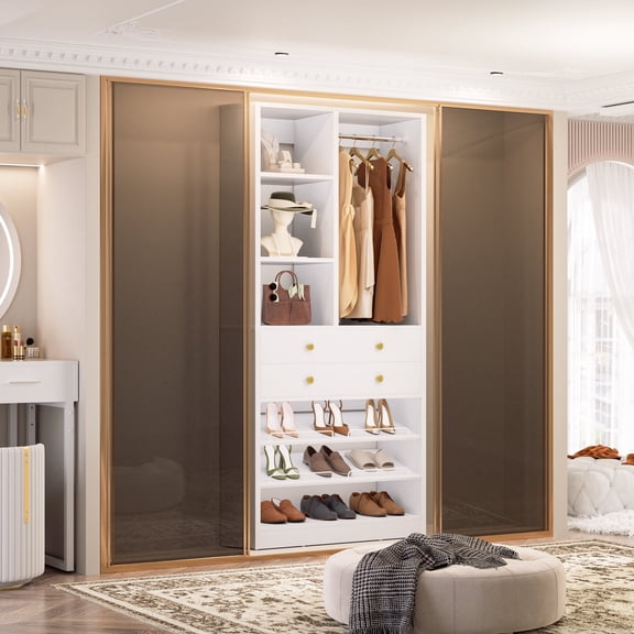 Homieasy 28-Inch Closet Organizer Tower – Free Standing Wardrobe Storage Unit with Drawers and Shelves, Closets System for Small Spaces,White