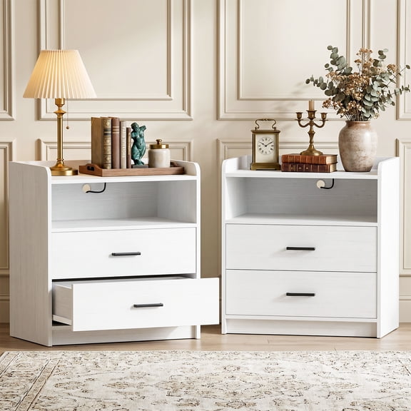 Homieasy 2 Drawer Nightstand Set of 2 with Charging Station, Wooden Bedside Table for Bedroom, White