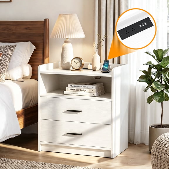 Homieasy 2 Drawer Nightstand with Charging Station, Wooden Bedside Table with Storage Shelves for Bedroom, White