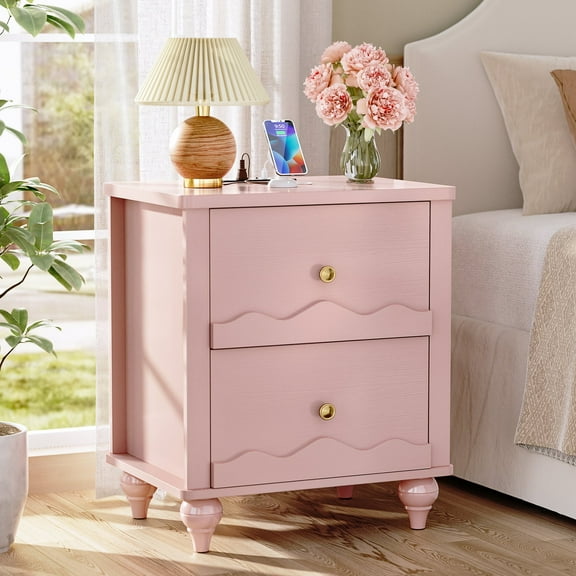 Homieasy 2 Drawer Nightstand with Power Outlet, Modern Wooden Nightstand with 2 Wave Pattern Drawers, Bedside Table for Bedroom, Living Room, Pink