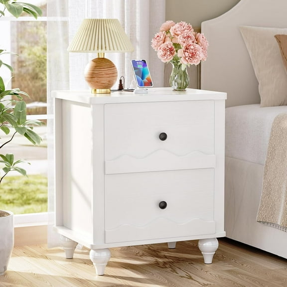 Homieasy 2 Drawer Nightstand with Power Outlet, Modern Wooden Nightstand with 2 Wave Pattern Drawers, Bedside Table for Bedroom, Living Room, White