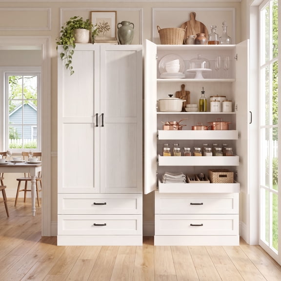 Homieasy 2-Pack 71" Tall Freestanding Pantry Cabinets with Pull-Out Shelves & Deep Drawers,White - Ultimate Kitchen & Home Storage Set