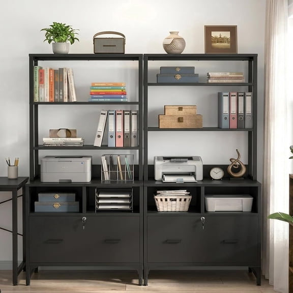 Homieasy 2-Pack Black Vertical File Cabinet with Shelves, Charging Station, Lock, Large Drawer & Printer Stand