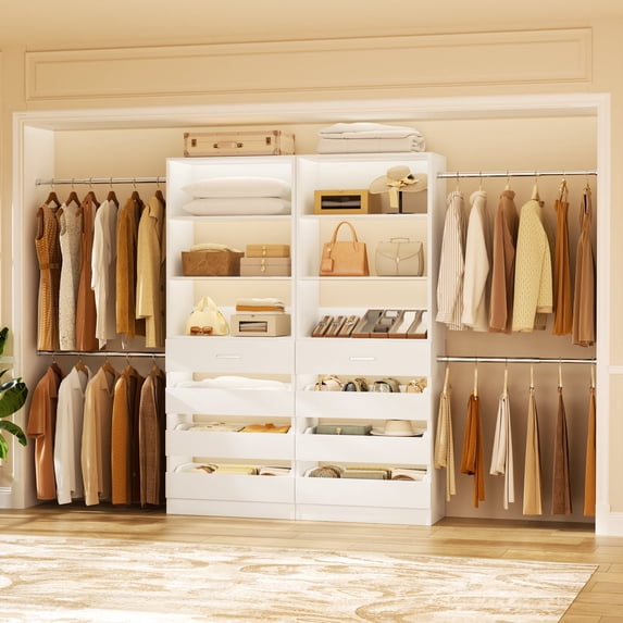 Homieasy 2-Pack Closet Organizer System: Dual 4-9Ft Adjustable Wardrobe Racks with 8 Wooden Drawers, Double Tower Storage, 8 Hanging Rods & Garment Racks ,Expandable Walk-In Closet Solution,White