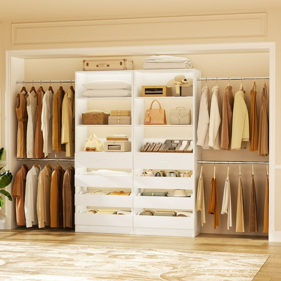 Homieasy 2-Pack Closet Organizer System: Dual 4-9Ft Adjustable Wardrobe Racks with 8 Wooden Drawers, Double Tower Storage, 8 Hanging Rods & Garment Racks ,Expandable Walk-In Closet Solution,White
