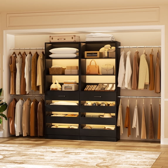 Homieasy 2-Pack Closet Organizer System: Dual 4-9Ft Adjustable Wardrobe Racks with 8 Wooden Drawers, Double Tower Storage, 8 Hanging Rods & Garment Racks ,Expandable Walk-In Closet Solution,Black