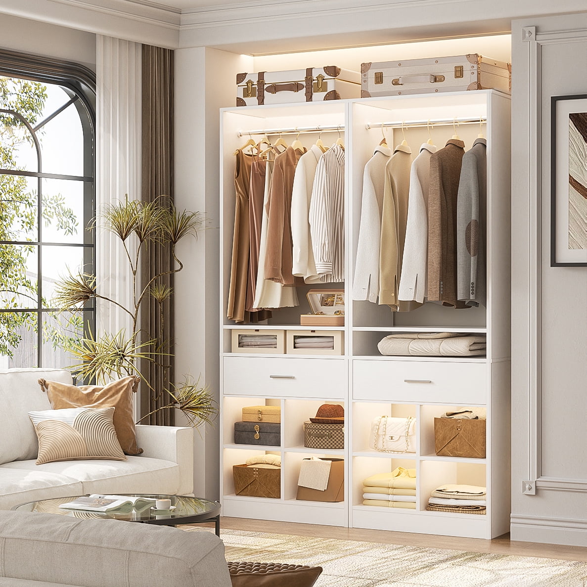 Homieasy 2-Pack Freestanding Closet System with 2 Wood Drawers & 8 Cubby Storage, Double Garment Rack Organizer ,50''W x 80''H, for Walk-In Closets,White