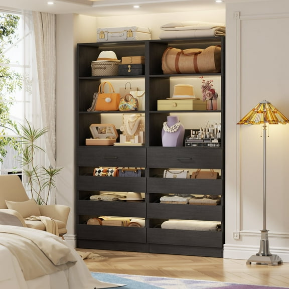 Homieasy 2-Pack Space-Saving Modular Armoire Wardrobe Closet System with 8 Drawers & Adjustable Shelves - Expandable Wood Storage Cabinet for Bedroom/Entryway, Easy Assembly,Black