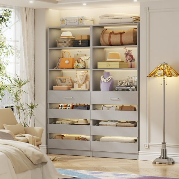 Homieasy 2-Pack Space-Saving Modular Closet System with 8 Drawers & Adjustable Shelves - Expandable Wood Storage Cabinet for Bedroom/Entryway, Easy Assembly Tall Armoire Wardrobe Units ,Gray