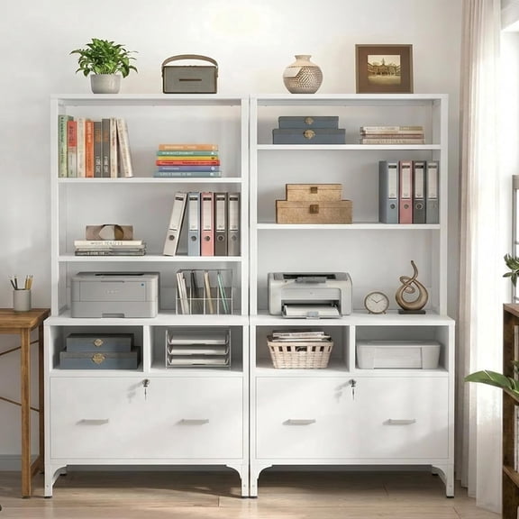 Homieasy 2-Pack White Vertical File Cabinet with Shelves, Charging Station, Lock, Large Drawer & Printer Stand