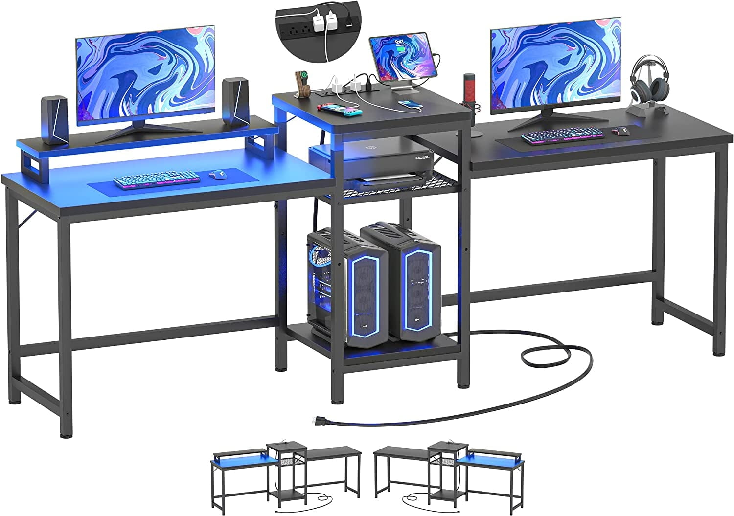 Homieasy 2 Person Computer Desk with Charging Station & LED Light ...